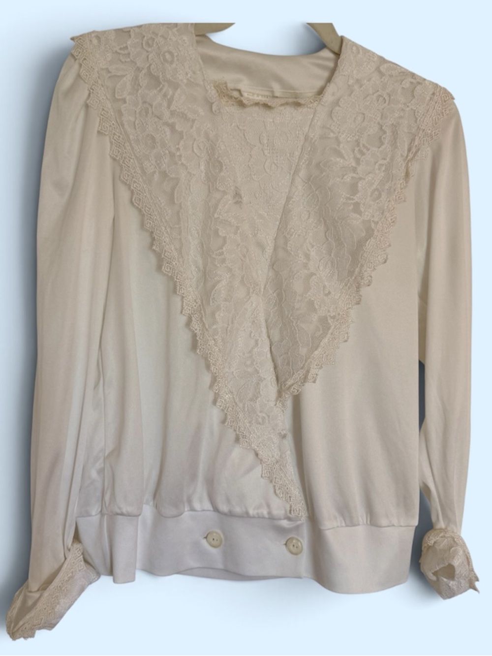 Vintage 1980s Le Voy’s Ivory Lace Bib Blouse XS Made in USA Victorian Romantic